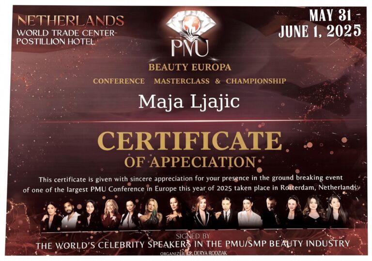 PMU Beauty Europa 2025, Rotterdam: certificate of appreciation for Maja Ljajić