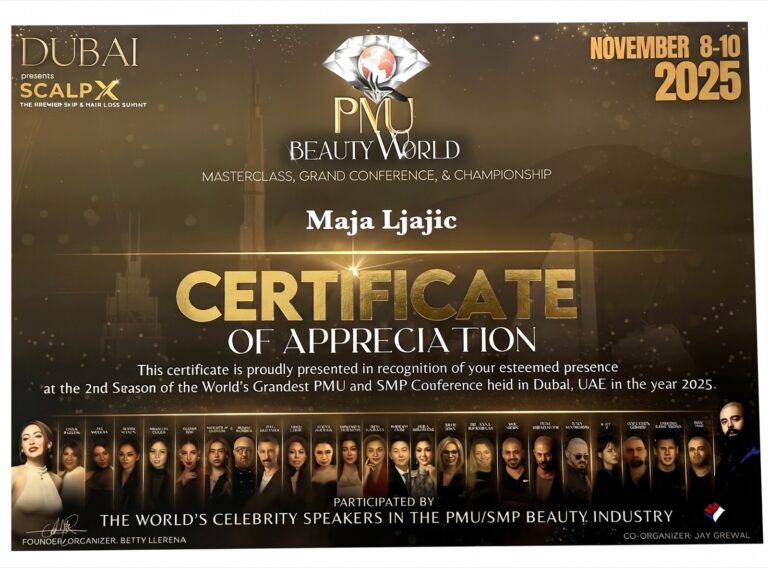 PMU Beauty World 2025, Dubai: certificate of appreciation for Maja Ljajić