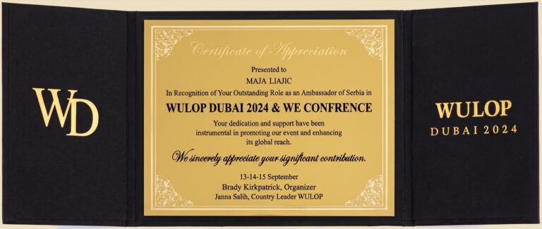 WULOP Dubai 2024: certificate of appreciation for Maja Ljajić as Ambassador of Serbia